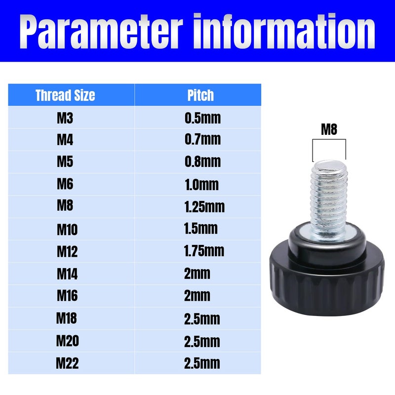 QIMAOO 8pcs Metric Male Thread Knurled, M8 x 20mm Black Thumb Screw Clamping Knobs Plastic Grip Threaded Knurled - Image 4